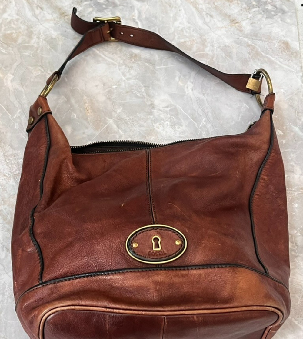Vintage Fossil Maddox Bucket Shoulder Bag Brown Pebbled Leather Zipper Closure